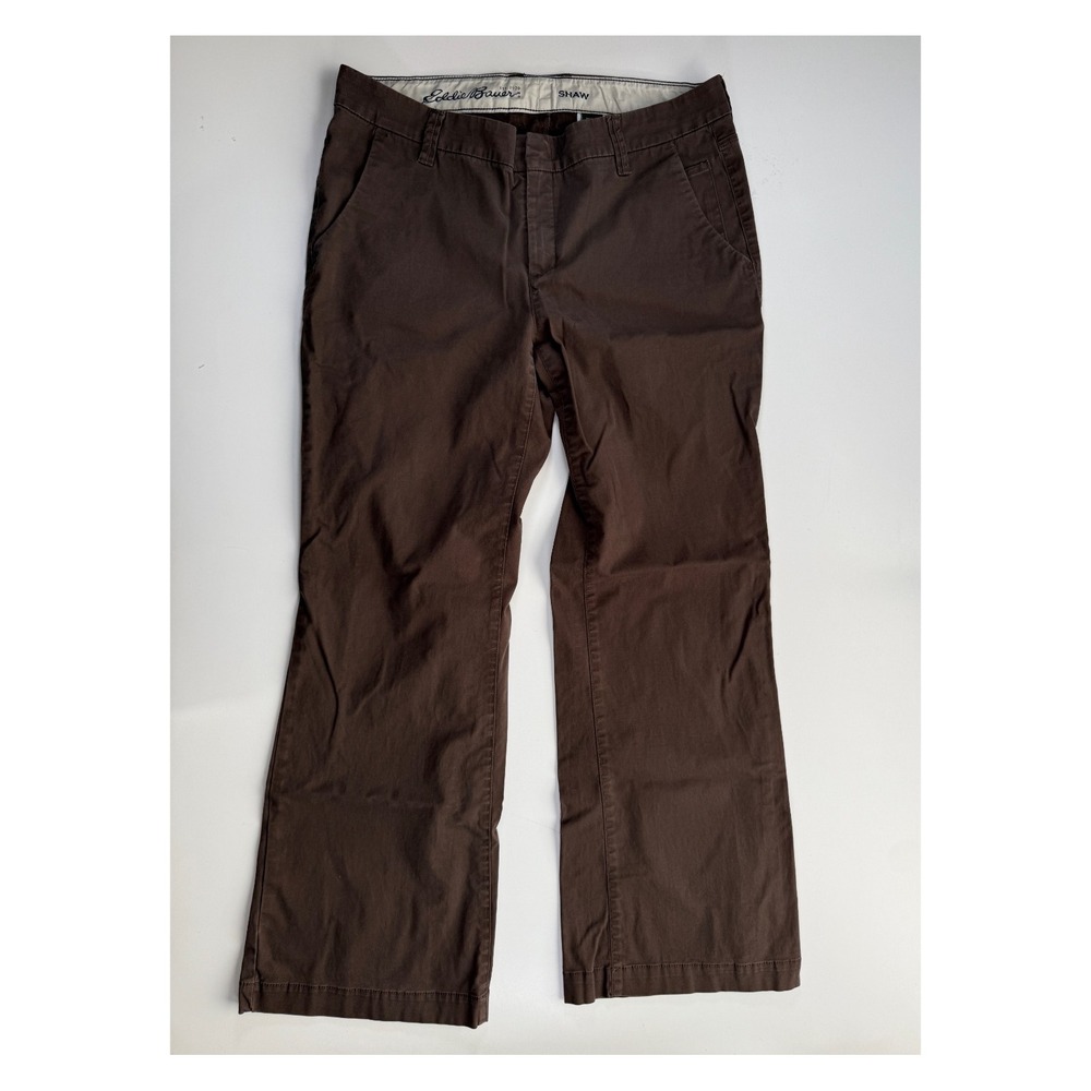 EDDIE BAUER Flat Front Mid-Rise‎ Chino Trouser Pant Womens 14 Brown Stretch